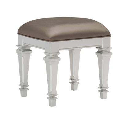 Benjara Leatherette Padded Vanity Stool with Tapered Legs and Molded Detail, Silver