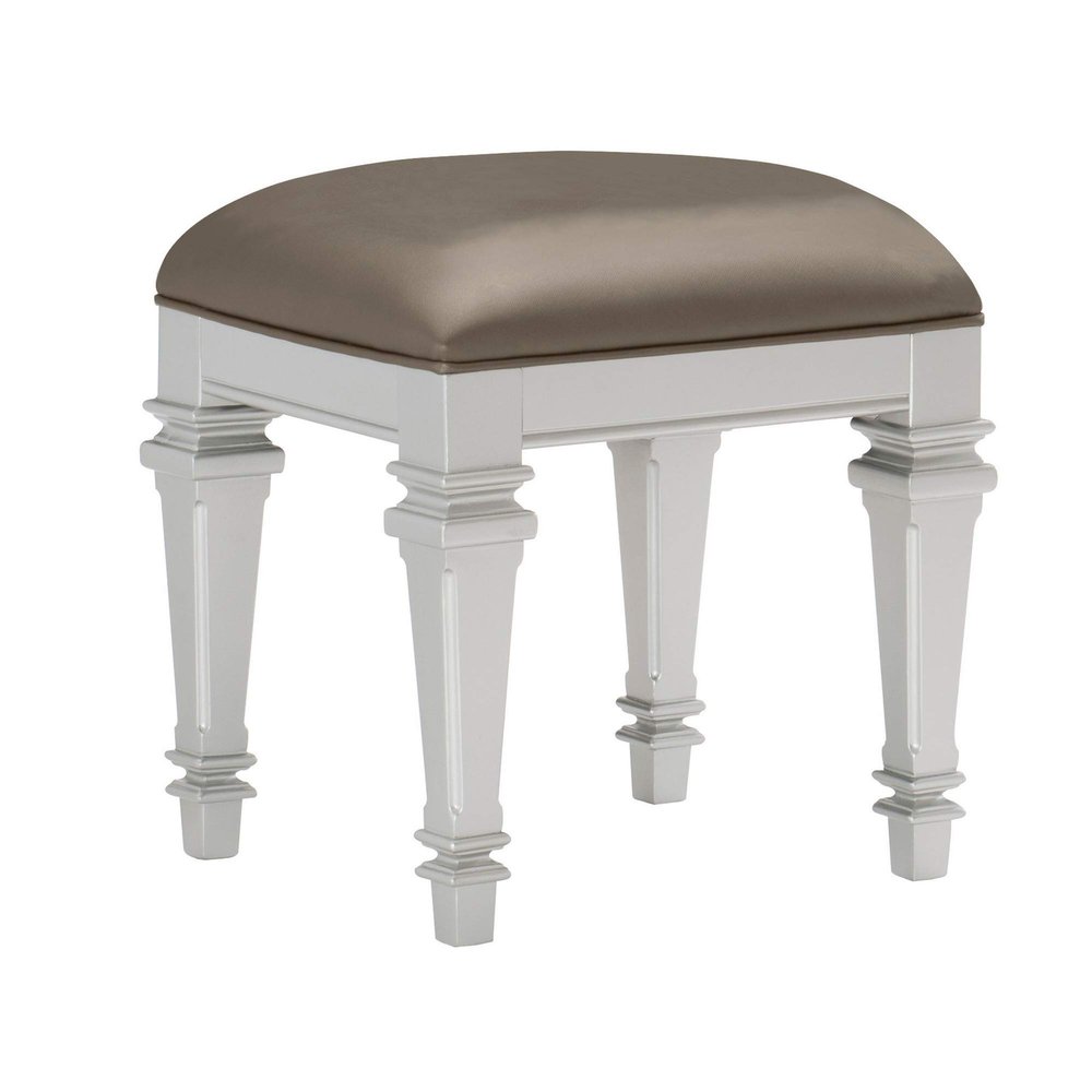 Benjara Leatherette Padded Vanity Stool with Tapered Legs and Molded Detail, Silver