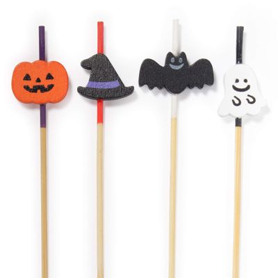 Halloween Holiday Assorted Bamboo Picks Skewers for Appetizers, Drinks, Desserts - 3.9" (10cm) - Pumpkin, Witch Hat, Bat, Ghost - 300pcs
