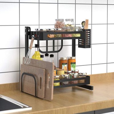 COZYBLOCK Black Stainless Steel Spice Rack, Kitchen Storage Countertop Organizer, Storage Basket with Knifes and Cutlery Holder, Chopping Board Holder, Utensil Holder, Kitchen Space Saver (2 Tier)