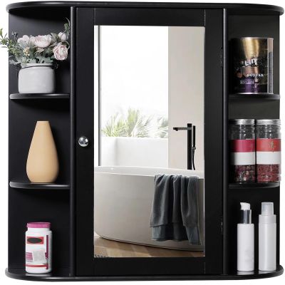 Iwell Bathroom Medicine Cabinet with Mirror, Wall Cabinet with 2 Adjustable Shelves & 6 Open Shelves, Bathroom Cabinet Wall Mounted, Over The Toilet Space Saver Storage Cabinet, Black