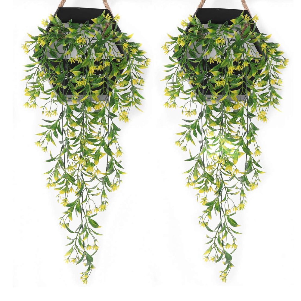 Artificial Hanging Vine, LoveniMen Plastic Ivy Plants Greenery Fake Weeping Willow Rattan Wicker Twig for Garden Garland Outdoor Indoor Home UV Resistant Jungle Party Supplies Decoration Yellow 2 pack