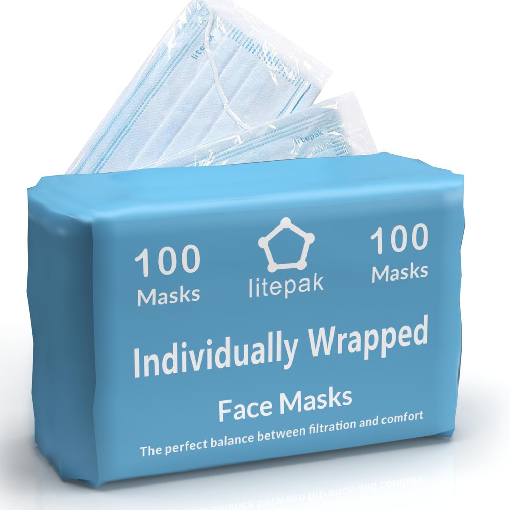 Litepak 100pcs Individually Wrapped Disposable Face Mask Premium Comfort Earloops Nose(Blue)