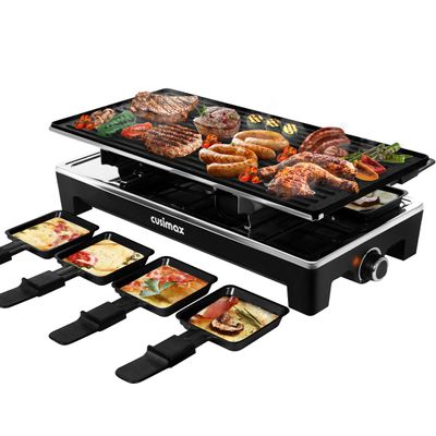CUSIMAX Raclette Grill Electric Grill Table Portable 2 in 1 Korean BBQ Grill Indoor & Cheese Raclette, Reversible Non-stick plate, Crepe Maker with Adjustable temperature control and 8 Paddles