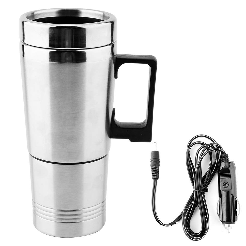12V Electric Kettle, 350ML + 150ML Stainless Steel Car Electric Kettle Coffee Tea Water Heating Cup Silver