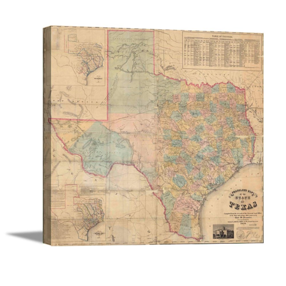 Wall Art Giant 1858 Map Of Texas Canvas Print, Texas Wall Art For Home Or Office 22X24 Inches