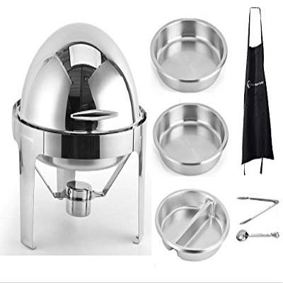 ChefQ 6qt Round Roll Top Chafing Dish Bundle - Stainless Steel Chafer With Food/Water Pan and Sectional Food Pan, Fuel Holders, Tung + Serving Spoon, Buffet Food warmer Set For catered events + Apron
