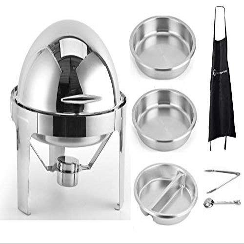 ChefQ 6qt Round Roll Top Chafing Dish Bundle - Stainless Steel Chafer With Food/Water Pan and Sectional Food Pan, Fuel Holders, Tung + Serving Spoon, Buffet Food warmer Set For catered events + Apron