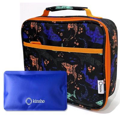 kinsho Shark Lunch Box with Ice Pack for Boys Kids, Insulated Bag for Boys School Kindergarten, Container Boxes for Cold Kid Snacks Lunches, BPA Free, Black Blue Sharks
