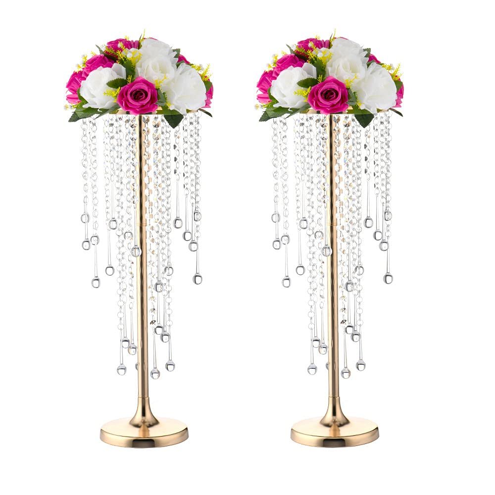 21.6in Gold Wedding Centerpieces for Table, 2Pcs Tall Vases Wedding Centerpieces with Sparkling Crystal Beads, Metal Flower Stand for Wedding Reception Party Events Home Decor