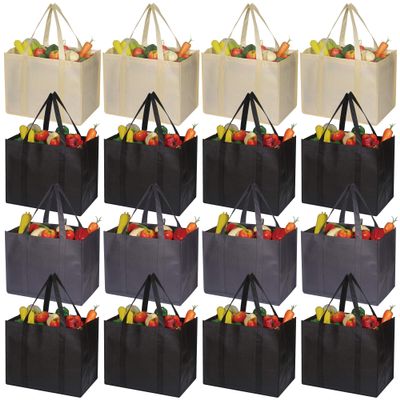 DIOMMELL 16 Pack Reusable Grocery Bags Large Foldable Heavy Duty Shopping Tote Produce Bag with Reinforced Handles for Groceries Clothes Vegetables Fruit, Black Gery Beige