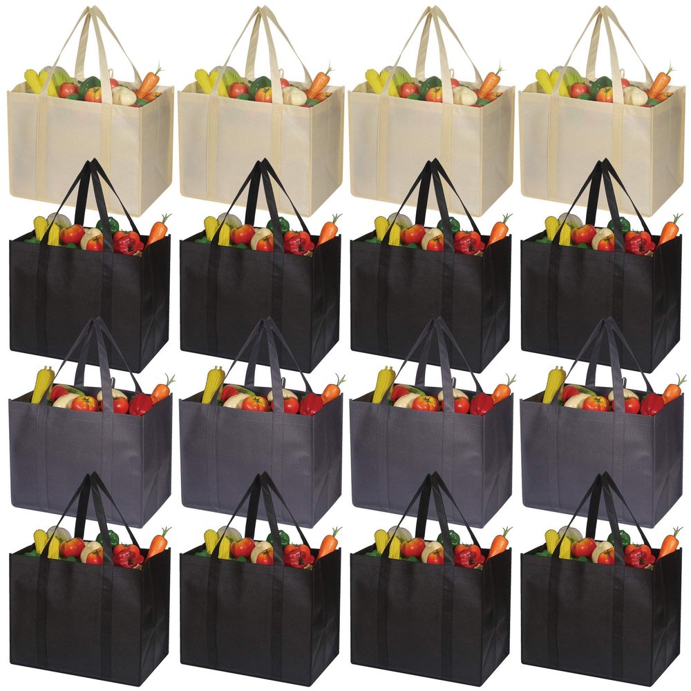 DIOMMELL 16 Pack Reusable Grocery Bags Large Foldable Heavy Duty Shopping Tote Produce Bag with Reinforced Handles for Groceries Clothes Vegetables Fruit, Black Gery Beige