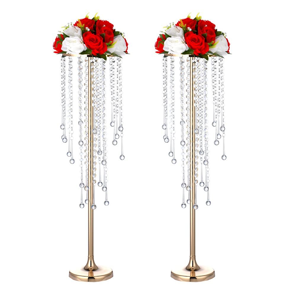 29.5in Gold Wedding Centerpieces for Table, 2Pcs Tall Vases Wedding Centerpieces with Sparkling Crystal Beads, Metal Flower Stand for Wedding Reception Birthday Party Events Home Decor