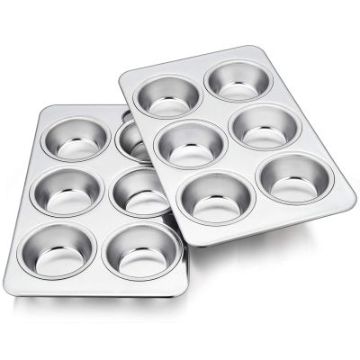 TeamFar 2 Packs Muffin Pan, Stainless Steel Muffin Cupcake Pan Tin Tray for Baking, for Mini Cakes/Tarts/Quiche, Healthy & Sturdy, Oven & Dishwasher Safe (6-Cup)