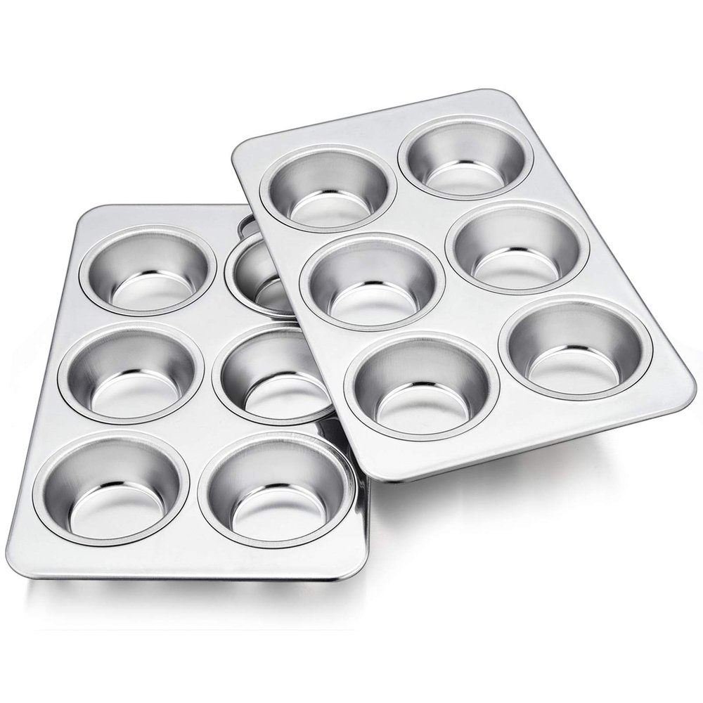 TeamFar 2 Packs Muffin Pan, Stainless Steel Muffin Cupcake Pan Tin Tray for Baking, for Mini Cakes/Tarts/Quiche, Healthy & Sturdy, Oven & Dishwasher Safe (6-Cup)