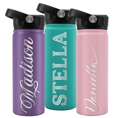 Personalized Water Bottle with Straw Lid, 18 Oz. & 9 Colors - Gifts for Him, Birthday Gifts for Women | Custom Stainless Steel Sports Water Bottle w/Name, Text - Double Wall Insulated