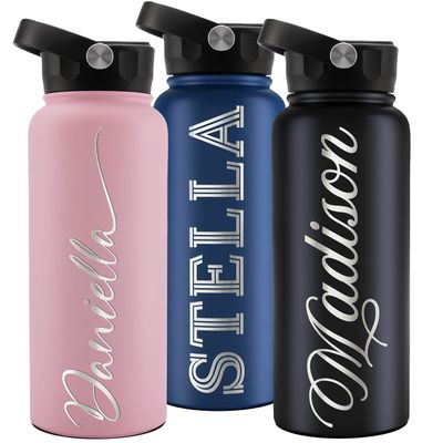 Personalized Water Bottle with Straw Lid, 32 Oz. & 9 Colors - Gifts for Him, Birthday Gifts for Women | Custom Stainless Steel Sports Water Bottle w/Name, Text - Double Wall Insulated