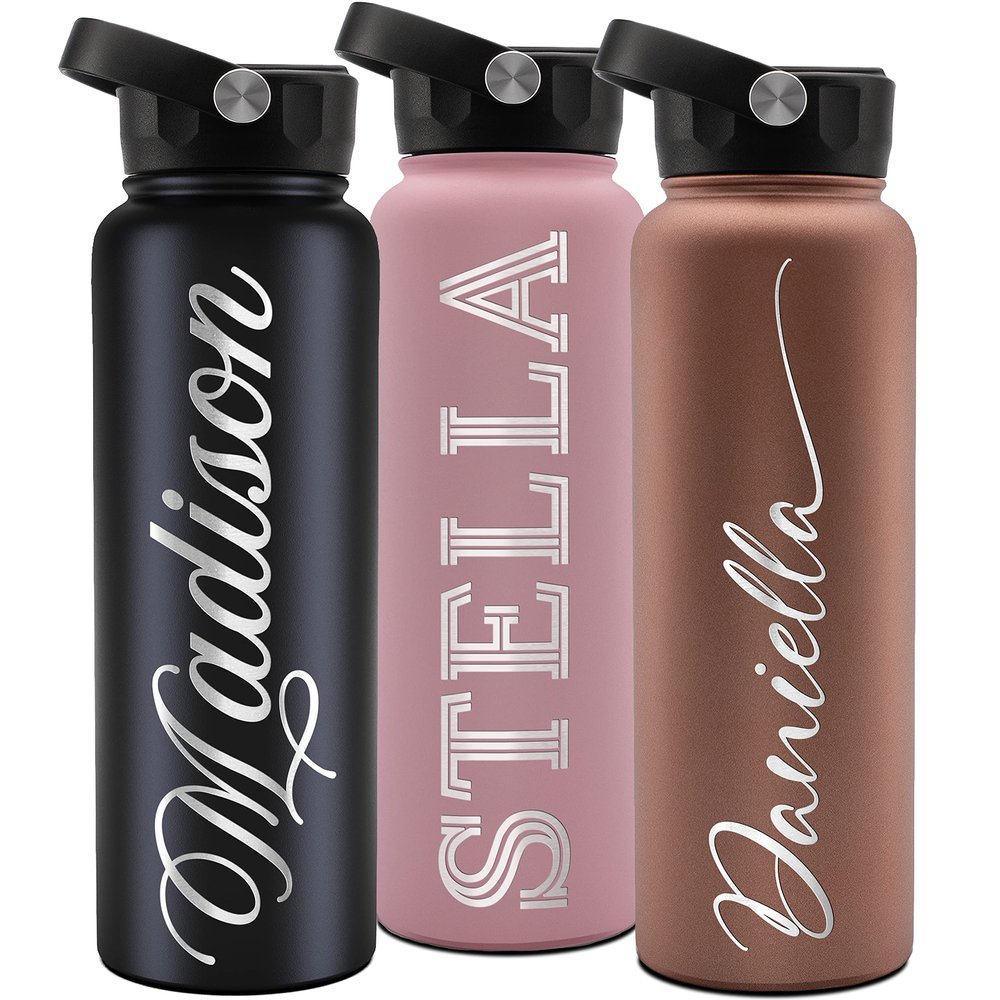 Personalized Water Bottle with Straw Lid, 40 Oz. & 9 Colors - Gifts for Him, Birthday Gifts for Women | Custom Stainless Steel Sports Water Bottle w/Name, Text - Double Wall Insulated