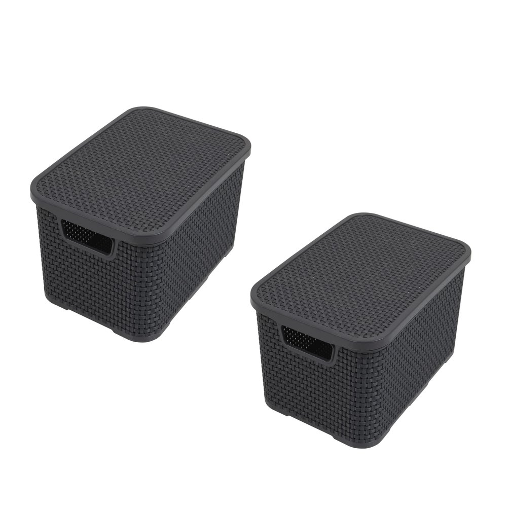 BranQ - Home essential Rattan Basket Set of 3 Size L 19 L, Plastic PP, Charcoal, 38x27,8x18,5 cm (LxBxH)