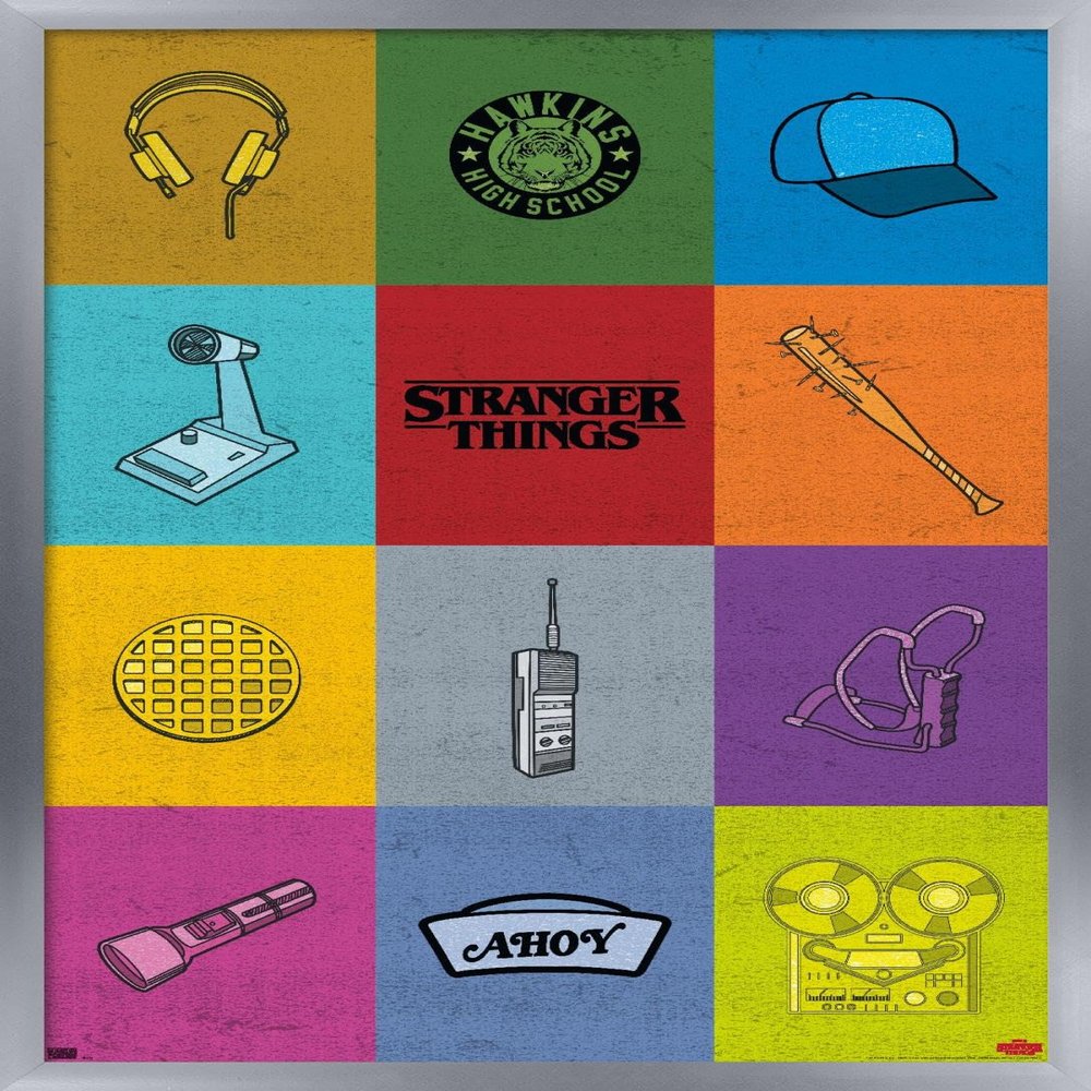 Trends International Netflix Stranger Things - Minimalist Icons Wall Poster, 22.375" x 34", Silver Framed Version