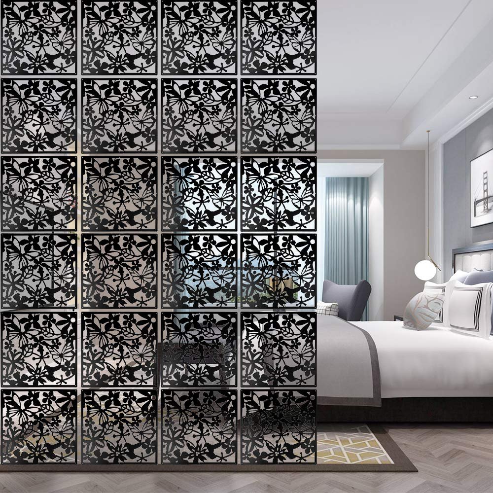 ANMINY 24 PCS Hanging Room Divider Flower Carving Pattern Panels Decorative Wall Screen Panel Hollow Out Design for Living Dining Room Kitchen Bedroom Office Bar Restaurant Home Hotel Decor - Black