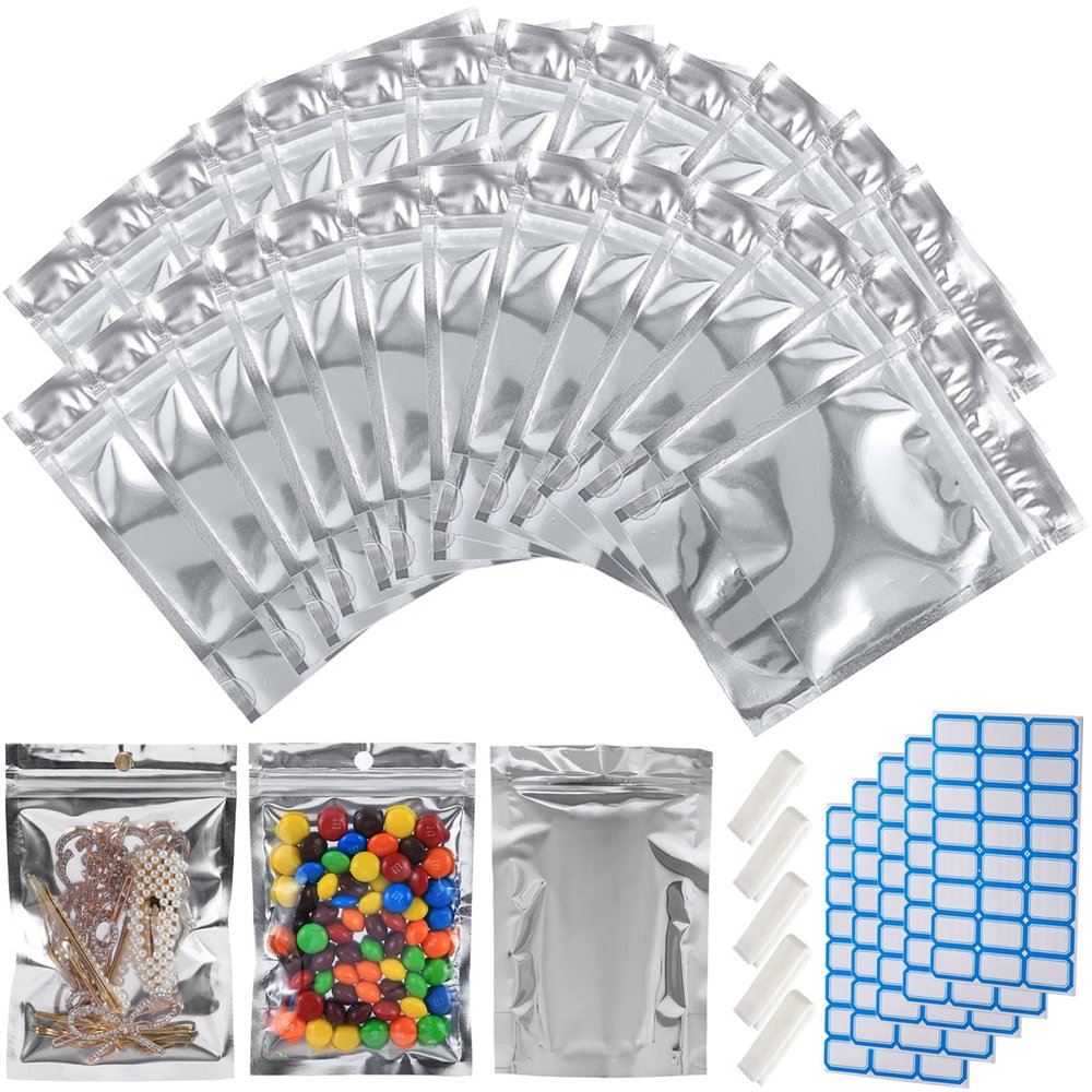 100-Pack Reclosable Large Mylar Bags for Food Storage 8" x 12" Stand Up Pouch Bags in Bulk Resealable Smell Proof Aluminum Silver Foil Bags with Clear Window Kitchen Storage Edible Packaging