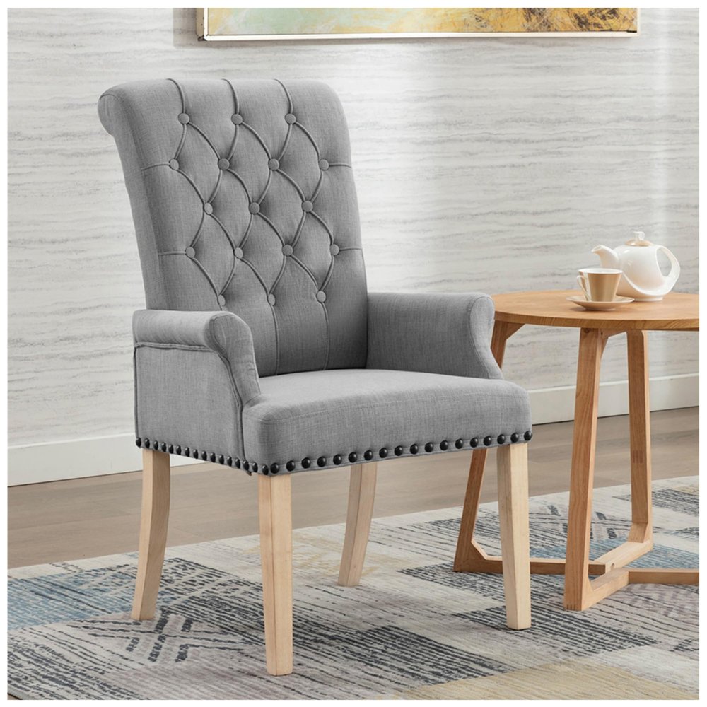 adochr Upholstered Fabric Accent Dining Chair, Elegant Tufted Club Dining Room Kitchen Room Arm Dining Chair, Light Grey