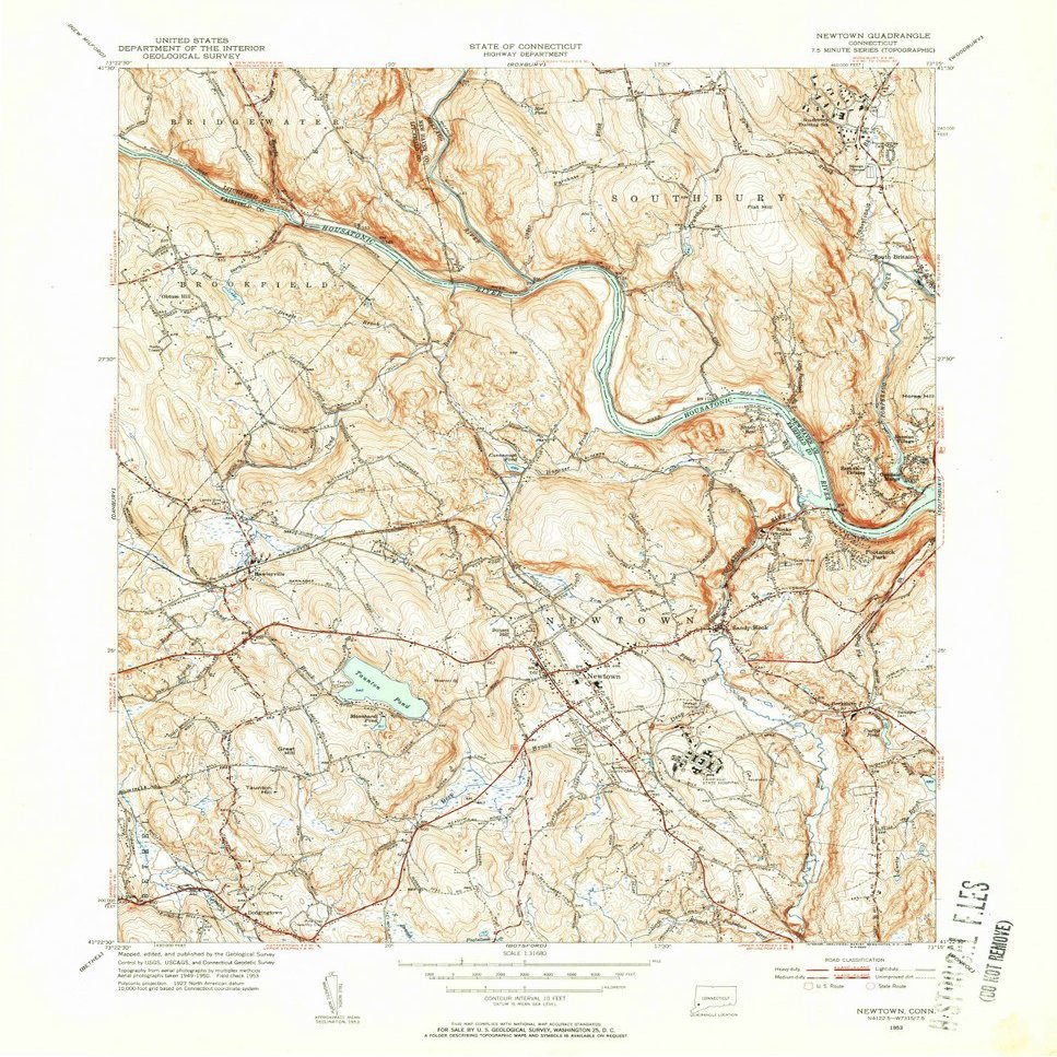 1953 Newtown, CT - - USGS Historical Topographic Wall Art - 44in x 55in, Large Wall Art Map