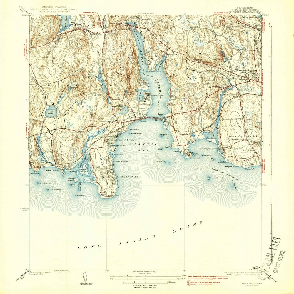 Historic Pictoric Niantic Connecticut Historic USGS Topographic Map Print, 1938, 1:31680, 7.5-Minute Quadrangle, Topo Wall Art Poster - 44in x 55in