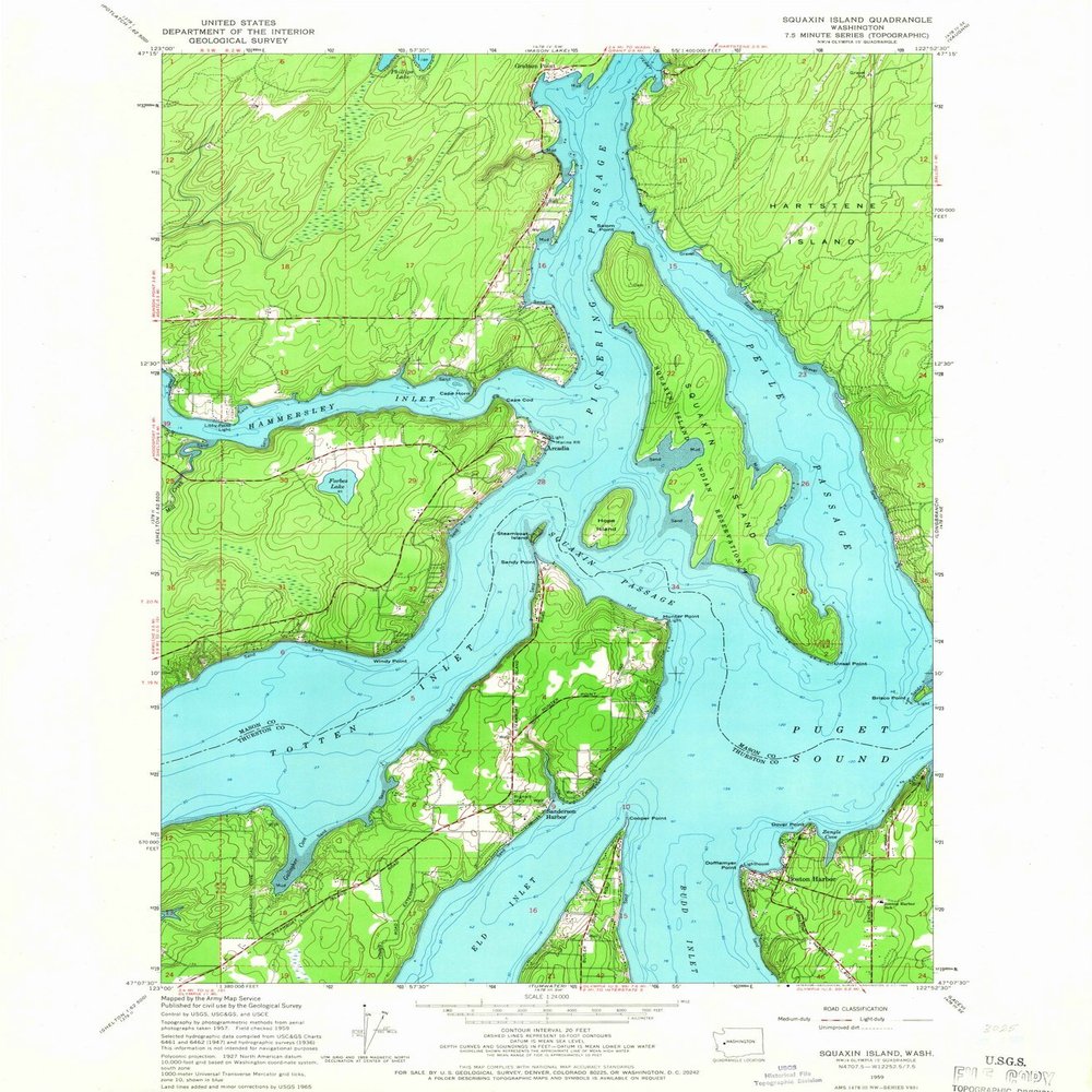 Historic Pictoric Squaxin Island Washington Historic USGS Topographic Map Print, 1959, 1:24000, 7.5-Minute Quadrangle, Topo Wall Art Poster - 44in x 55in