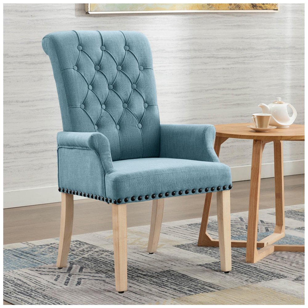 adochr Upholstered Fabric Accent Dining Chair, Elegant Tufted Club Dining Room Kitchen Room Arm Dining Chair, Light Blue
