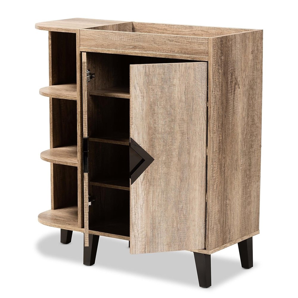 Baxton Studio Wales Modern and Contemporary Rustic Oak Finished Wood 2-Door Shoe Storage Cabinet with Open Shelves
