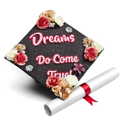 GRADWYSE Black Glitter Graduation Cap Topper with Flowers, Graduation Cap Decorations, Class of 2025 Grad Cap Topper, Dreams Do Come True