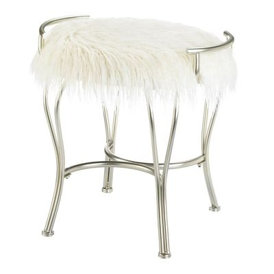 Accent Plus Silver Vanity Stool with White Faux Fur