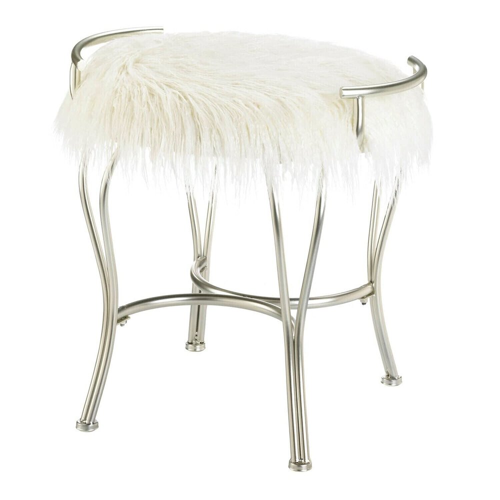 Accent Plus Silver Vanity Stool with White Faux Fur