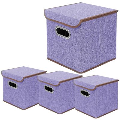 BeigeSwan Storage Bin [Set of 4] Linen Fabric Foldable Container with Lid, Collapsible Organizer Boxes Cubes  10 x 10 x 10 Inches (Purple)