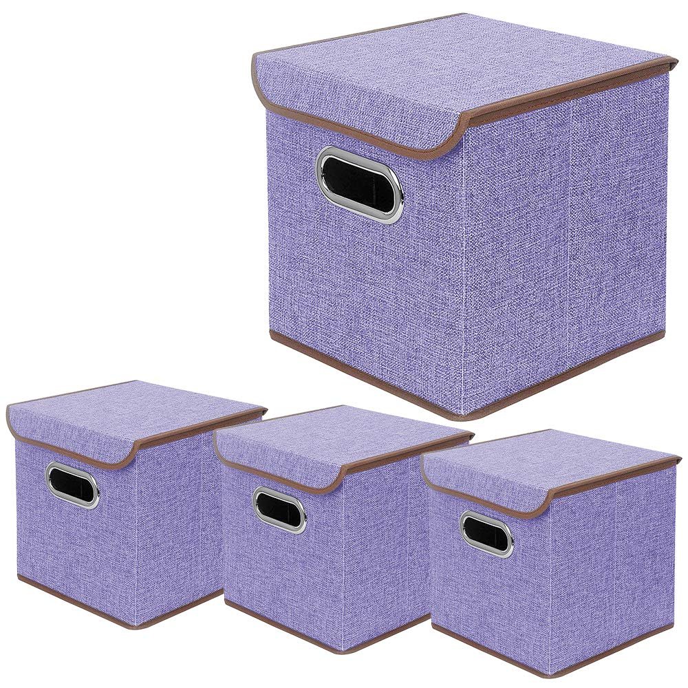 BeigeSwan Storage Bin [Set of 4] Linen Fabric Foldable Container with Lid, Collapsible Organizer Boxes Cubes  10 x 10 x 10 Inches (Purple)