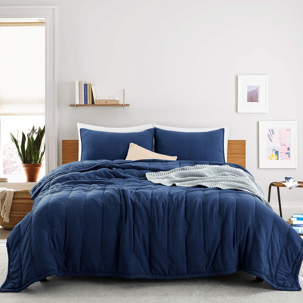 ANNA.Z HOME Queen Quilt Set, Lightweight Bedding Set, Washed Soft Fabric, Navy, Boho Embroidered Coverlet, All-Season, Machine Washable, 3-Piece Set, 1 Quilt + 2 Shams (Navy, Queen Set)