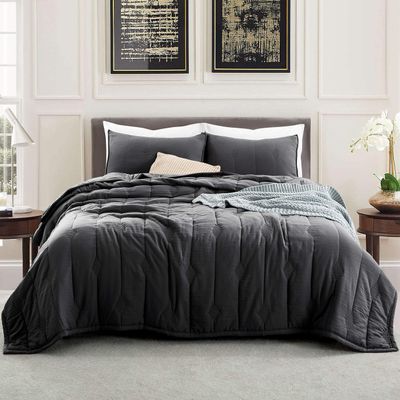 ANNA.Z HOME King Quilt Set, Lightweight Bedding Set, Washed Soft Fabric, Grey, Boho Embroidered Coverlet, All-Season, Machine Washable, 3-Piece Set, 1 Quilt + 2 Shams (Charcoal, King Set)