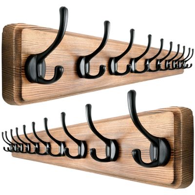 Dseap Wall Mounted Coat Rack: 38-1/4" Long, Patented, Heavy-Duty, 10-Double-Hooks Wooden Hanger Rail for Winter Coats, Hats, Jackets, Clothing - Natural & Black, Pack of 2
