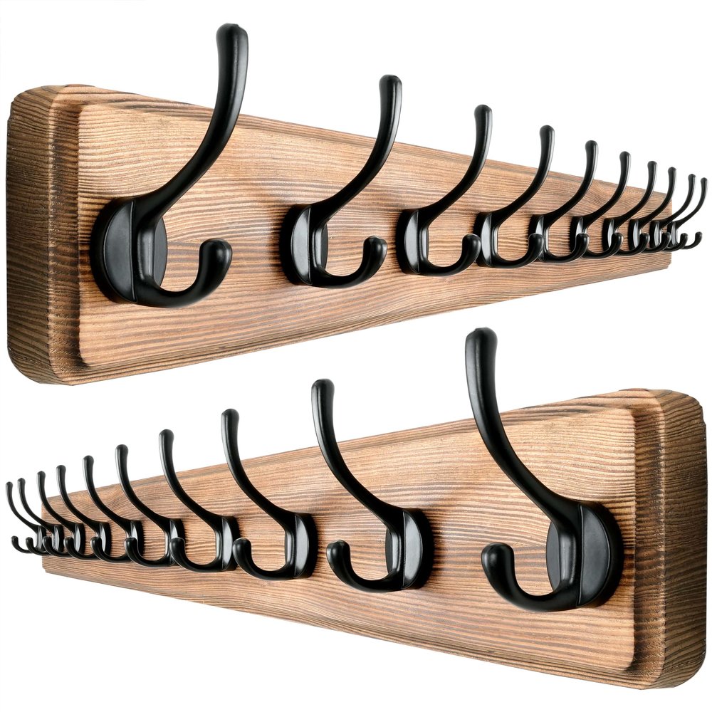 Dseap Wall Mounted Coat Rack: 38-1/4" Long, Patented, Heavy-Duty, 10-Double-Hooks Wooden Hanger Rail for Winter Coats, Hats, Jackets, Clothing - Natural & Black, Pack of 2