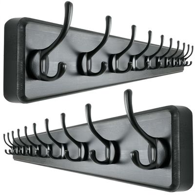 Dseap Wall Mounted Coat Rack: 38-1/4" Long, Patented, Heavy-Duty, 10-Double-Hooks Wooden Hanger Rail for Winter Coats, Hats, Jackets, Clothing - Black, Pack of 2