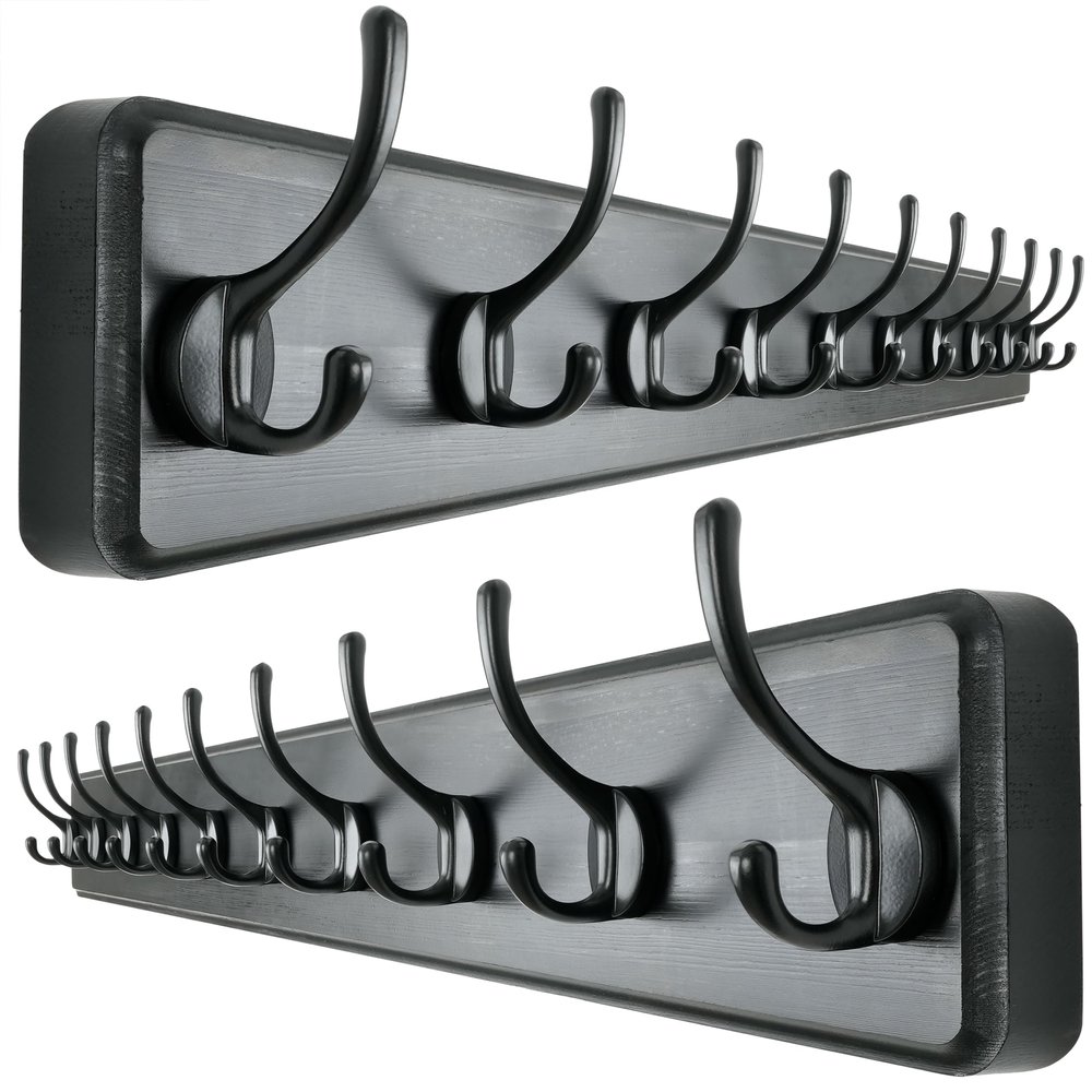 Dseap Wall Mounted Coat Rack: 38-1/4" Long, Patented, Heavy-Duty, 10-Double-Hooks Wooden Hanger Rail for Winter Coats, Hats, Jackets, Clothing - Black, Pack of 2