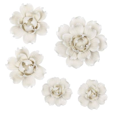 LIUCOGXI 5 Pcs Ceramic Flower Wall Decor Handcrafted 3D Hanging Porcelain Flowers Wall Art Ceramic Peony White Sculpture for Girls Room Hallway Farmhouse Home Decor