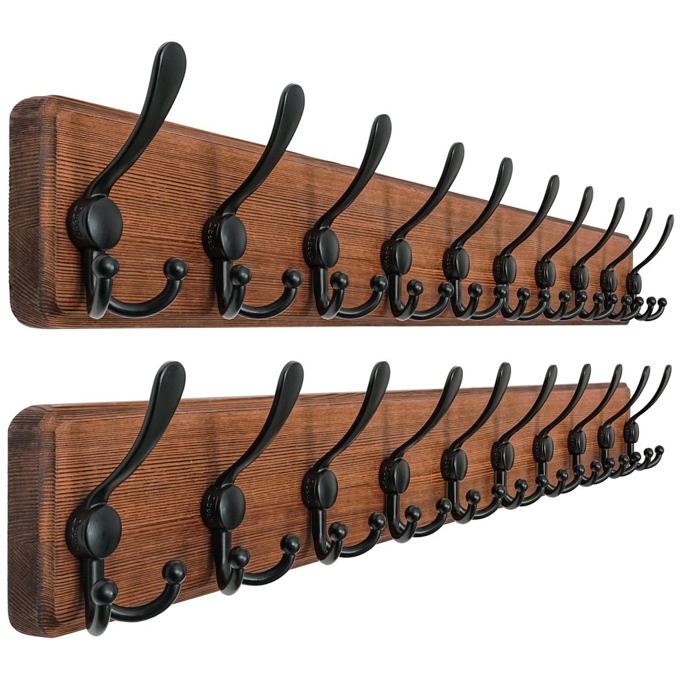 Dseap Coat Rack Wall - Heavy-Duty 38-1/4" Long, with Reinforced 10 Custom Tri-Hooks, Solid Wood Wall Hanger for Coats Hat Jackets - Rustic Farmhouse Entryway Storage, Natural & Black, Pack of 2