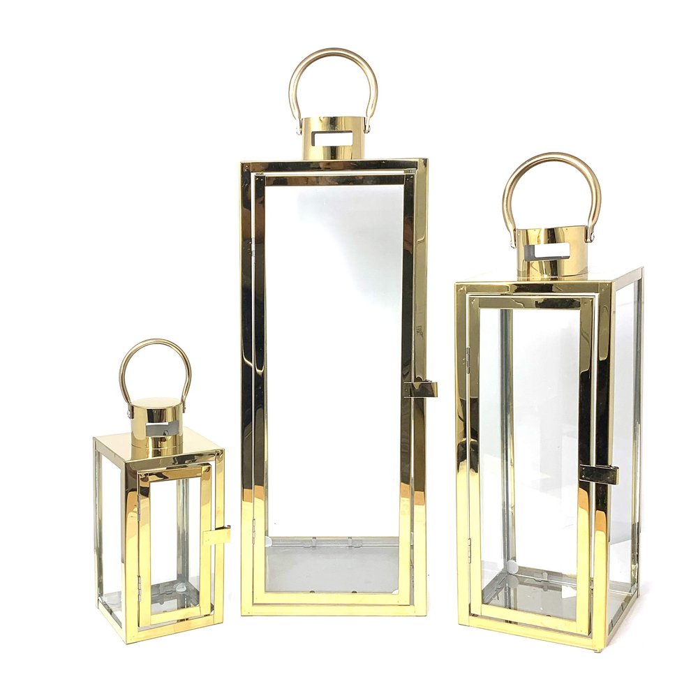 Allgala 3-PC Lantern Set 23 Inch Jumbo Deluxe Modern Indoor/Outdoor Candle Lantern Set Stainless Steel Frame Tempered Glass Rectangular Gold Color for Garden Poolside Fireplace Wedding