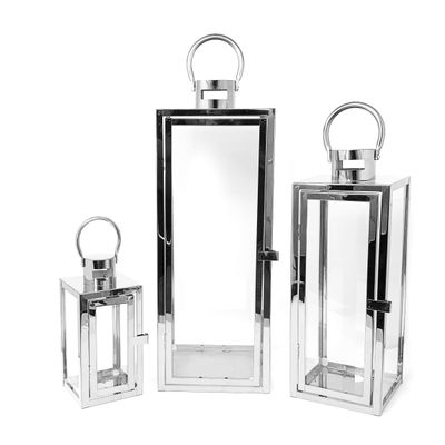 Allgala 3-PC Lantern Set 23 Inch Jumbo Deluxe Modern Indoor/Outdoor Candle Lantern Set Stainless Steel Frame Tempered Glass Rectangular Silver Chrome Color for Garden Poolside Fireplace Wedding
