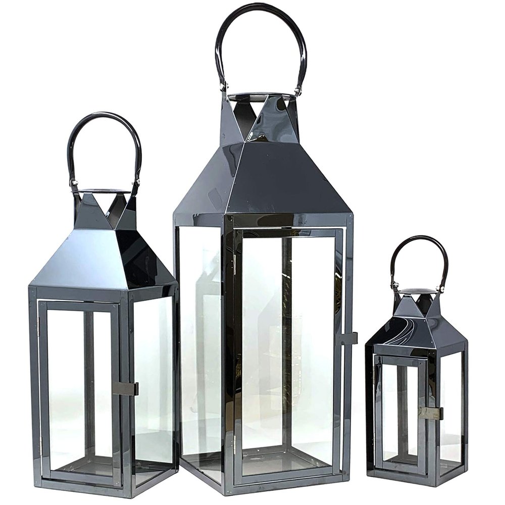 Allgala 3-PC Lantern Set 24 Inch Jumbo Deluxe Modern Indoor/Outdoor Candle Lantern Set Black Stainless Steel Frame Tempered Glass Pyramid Top for Garden Poolside Fireplace Wedding