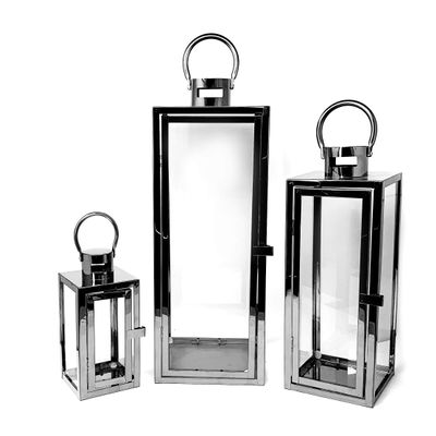 Allgala 3-PC Lantern Set 23 Inch Jumbo Deluxe Modern Indoor/Outdoor Candle Lantern Set Stainless Steel Frame Tempered Glass Rectangular Black for Garden Poolside Fireplace Wedding