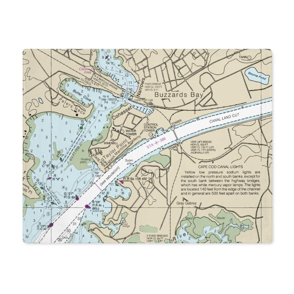 Buzzards Bay Cape Cod Canal Entrance Nautical Chart Cotton Placemat Set - SET of 4, 18" x 14"